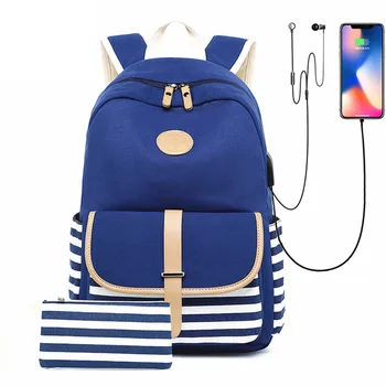 

Stripted Printing Canvas Women Backpack School Bags for Teen Girls Large Capacity USB Charge Laptop Backpack Female Travel Bag