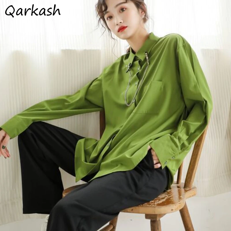 

Shirts Women Green Solid Simple Design High Street Spring Turn Down Collar Newest Tops Hipsters Stylish Vintage Tender Ulzzang