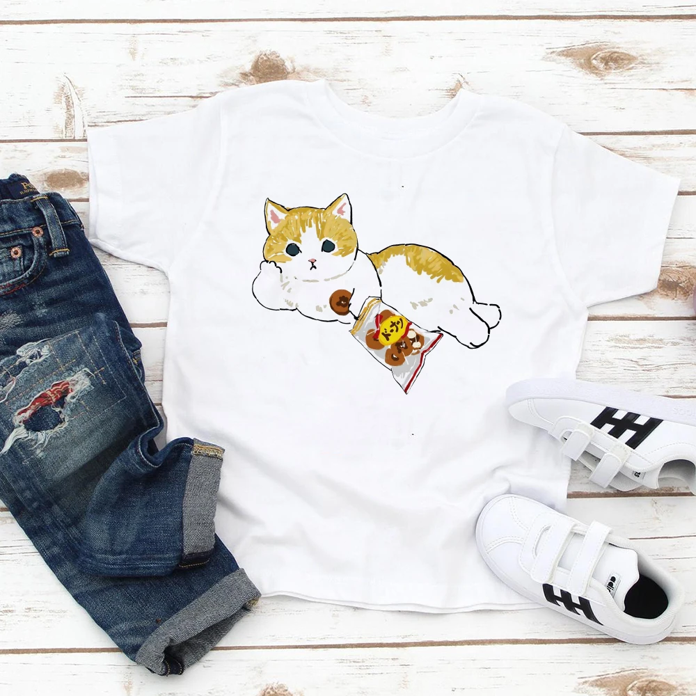 

Streetwear Summer Minimalism Baby Boy Trendy Simplicity T Shirt Trendy Cheap T-shirt Cute Cat Eat Snack Graphic T Shirt Фђболки