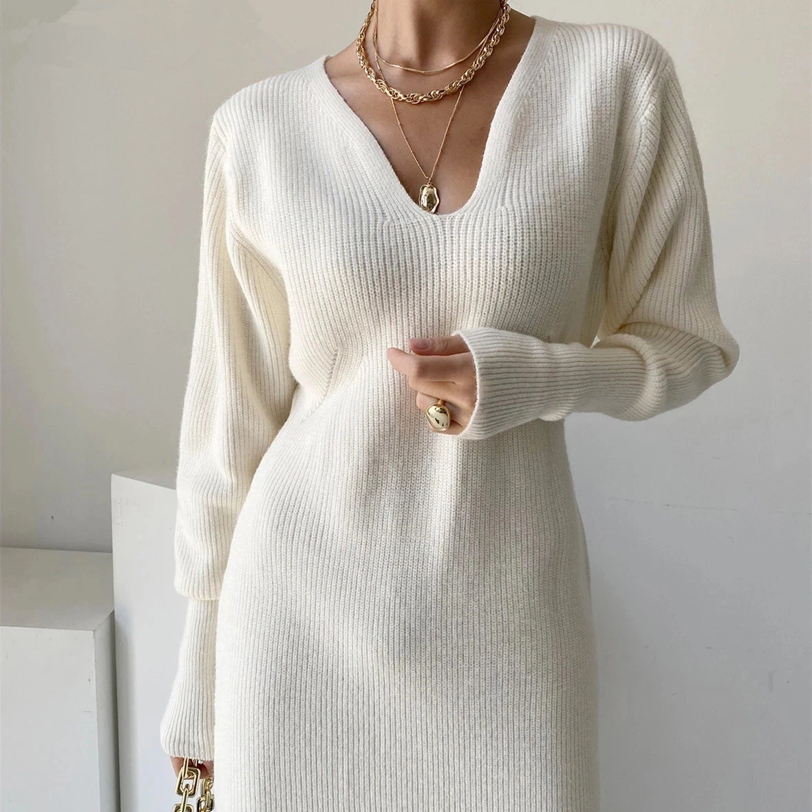Vestido de lana blanco con cuello en V para mujer, Vestido elegante de  manga larga y cintura alta, tejido, de negocios, coreano, para invierno| Vestidos| - AliExpress
