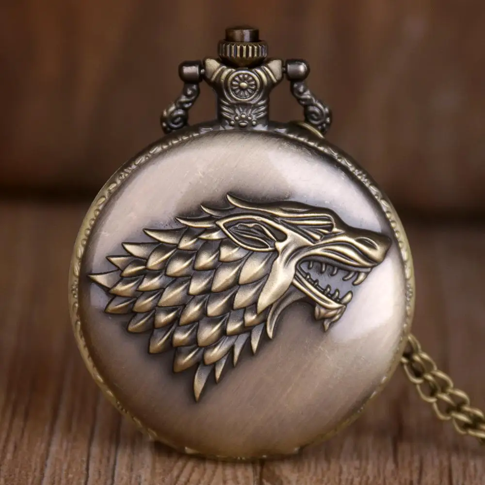 

Bronze Steampunk Quartz Pocket Watch Tone Honorable Stark House Wolf Dragon Long Chain Man Women Necklace Pendant Clock Gifts