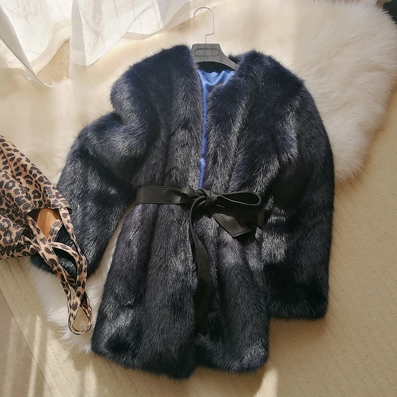 Корейская мода женские зимние толстые теплые Угги с мехом высокого качества Меховые пальто жилет из искусственного лисьего меха средней длины длинное темно-синее с подкладкой из искусственного меха Куртки