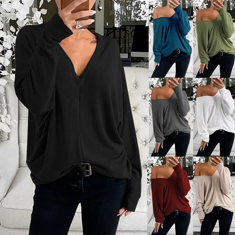Plus Size T Shirt for Women Casual Stylish Tops 2020 Solid Color Loose V Neckline Long Sleeve Summer Woman | Женская одежда