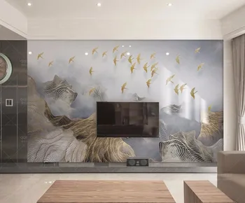 

CJSIR Custom Wallpaper Mural Chinese Abstract Landscape Artistic Landscape Golden Lines Birds TV Background 3d Wallpaper Decor