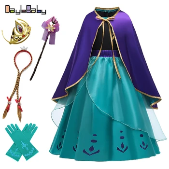

High Quality Anna 2 Sets Dress for Girls Snow Queen Costume with Cloak Halloween Cosplay for Children Carnival Dress with Cape