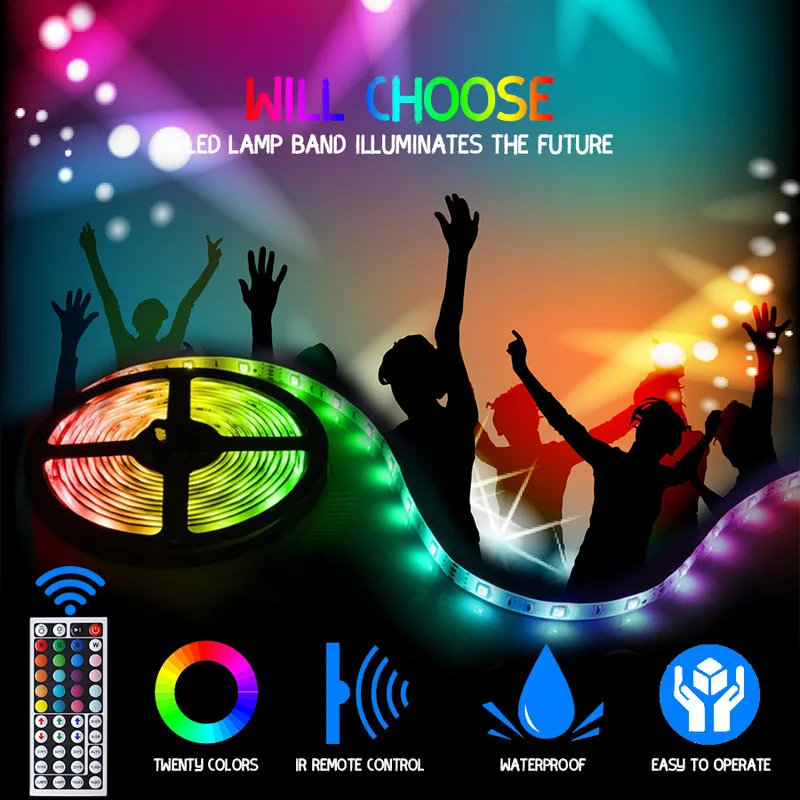 

Waterproof 10M/15M/20M LED Strip Light Flexible Color Changing Tape Lights 3528 RGB Light Strips with IR Remote and Power Supply