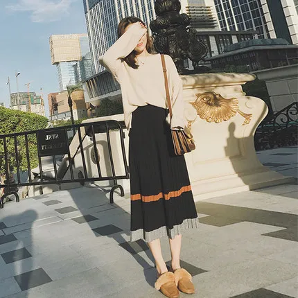 

Loose-Fit Sweater Set Knitted Hong Kong Flavor Retro CHIC Graceful Medium-length A- line Dress Two-Piece Set