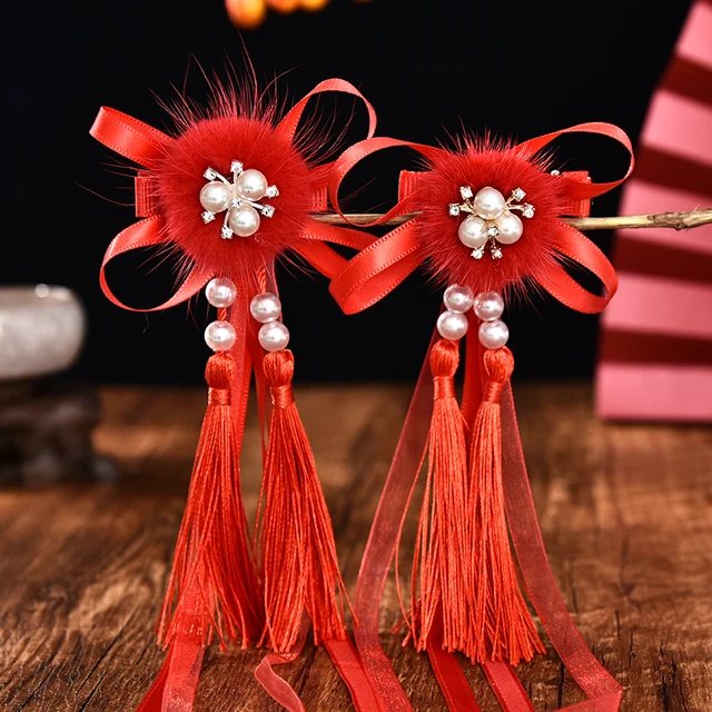 2 Pcs/Set Children Cute Pearl Hair Ball Bow Pendant Ornament Hair Clips Girls Lovely New Year Hairpin Kids Hair Accessories 12-2 Pcs