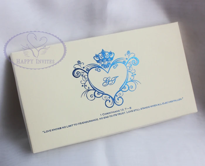 HI6009-27 Customized Ivory Wedding Card with Blue Foil Writing with Paper Box More Colors Available