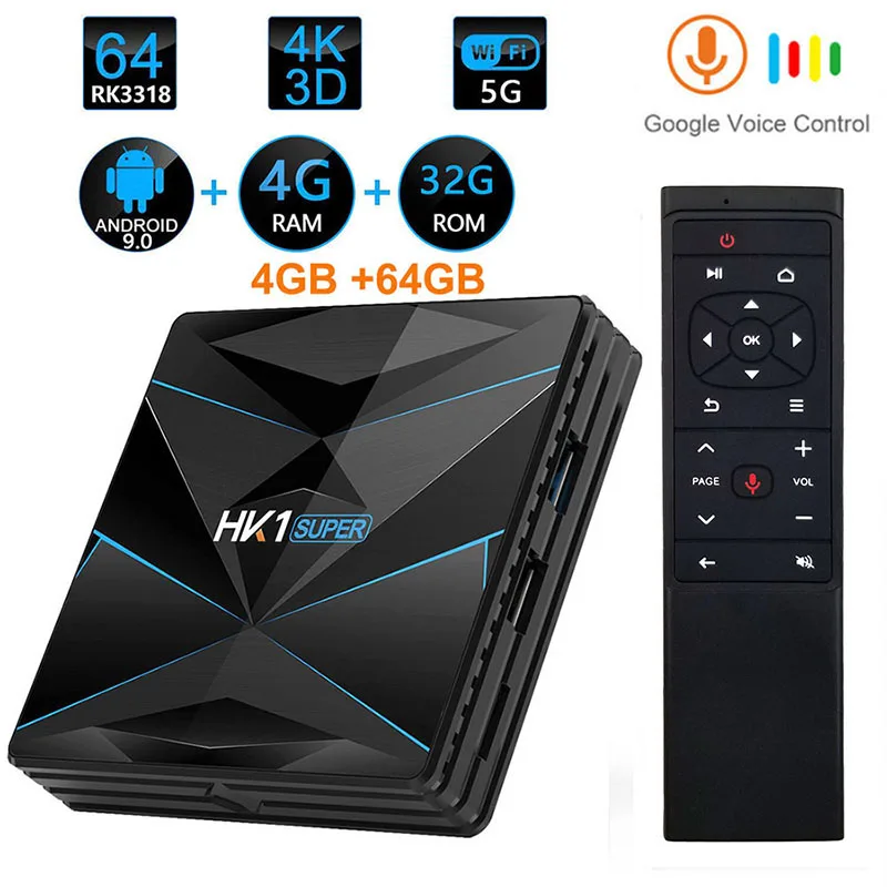  Super HK1 Android 9 Smart TV BOX Google Assistant RK3318 4K 3D HD 4G 64G 2.4G 5G Wifi TV Play Store