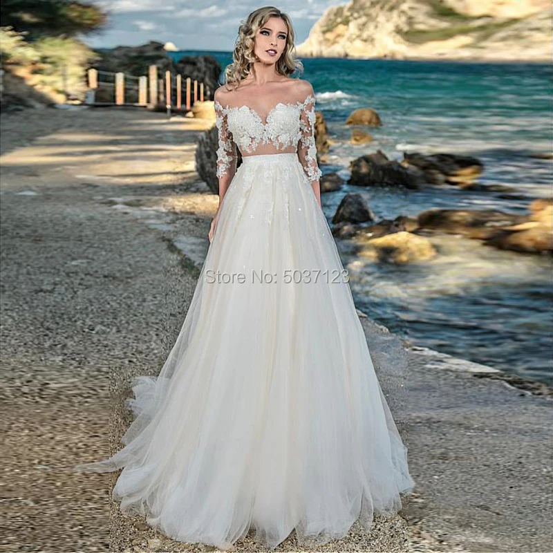 

Boho A Line Tulle Wedding Dresses Long Sleeves Off the Shoulder Lace Appliques Button Illusion Bridal Gown Vestido De Noiva
