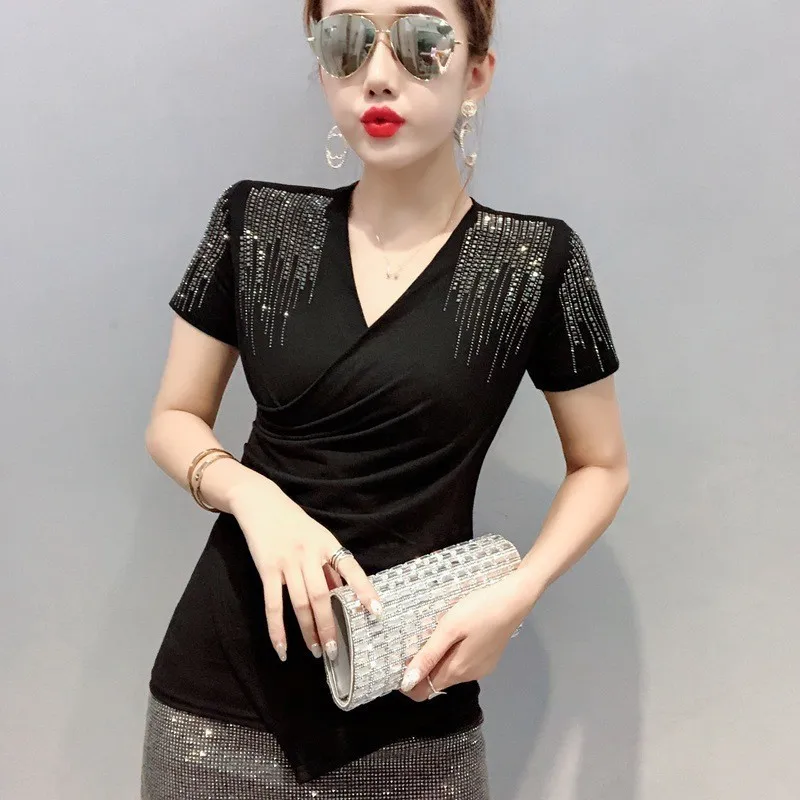black Camisetas Verano Mujer, короткий рукав, v-образный вырез, пуловер со стразами, плиссированный, женский, облегающий, модная, уличная одежда большого размера, футболки - Цвет: black