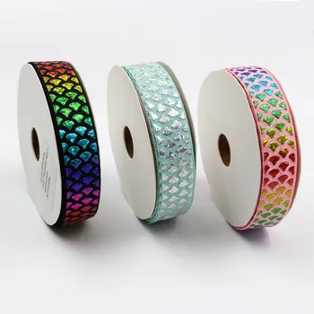 

5yds,5/8" Sequins Mermaid Scales Laser Fold Over Elastic Stretch Foldover FOE Elastics for Hair Ties Headbands Hair Bow Clip