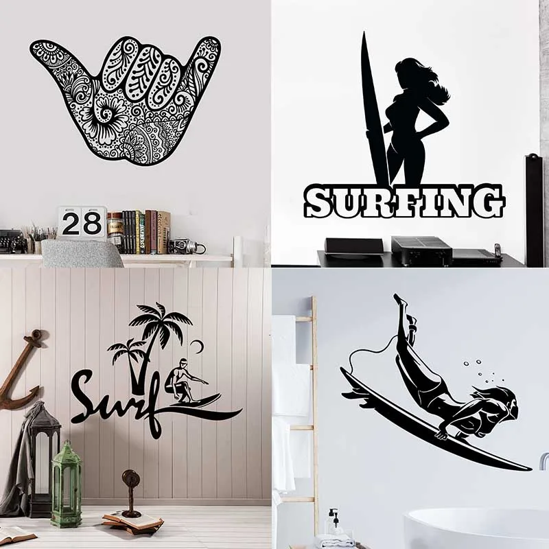 Surfing Surfboard Wall Stickers Windsurfer Posters Vacation Sun Beach Palm Island Vinyl Decal Extreme Water Sports Mural | Дом и сад
