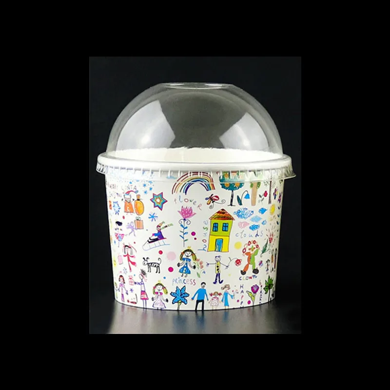 50 шт. одноразовый лед бумажное мороженное чаша утолщение 300 мл мультфильм большой салат жареный йогурт миска для супа бумажный стакан для еды с крышкой - Цвет: cup and lid3