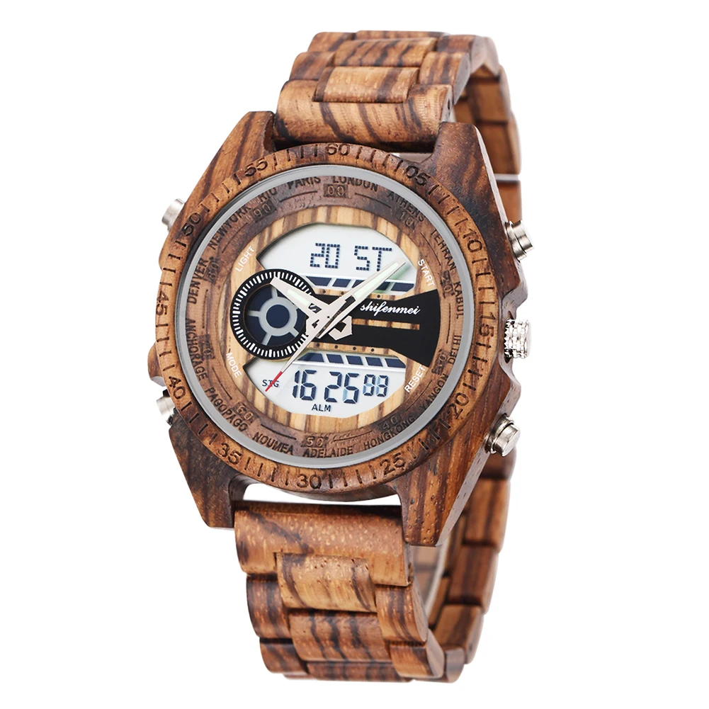 Shifenmei мужские деловые электронные часы мужские деревянные цифровые часы указка цифровой двойной дисплей часы Отображение даты Будильник часы - Цвет: S2139W-6