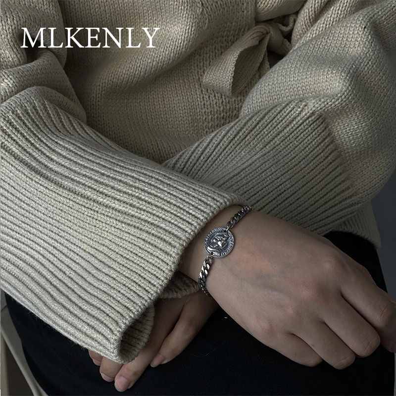 MLKENLY браслет из стерлингового серебра 925 пробы, дизайнерский браслет с тяжелой цепью и застежкой, браслет для монет, ювелирные изделия для женщин