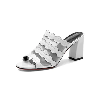 

Genuine leather high heels slippers Women Summer genuine Leather open Toe high Heel Soft Leather Casual Shoes Woman silver white