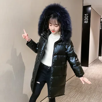 

Winter New Girls Padded Cotton Clothes Black Windproof Waterproof Hooded Fur Collar Coat Fashion Letter Printed Zipper Shirt