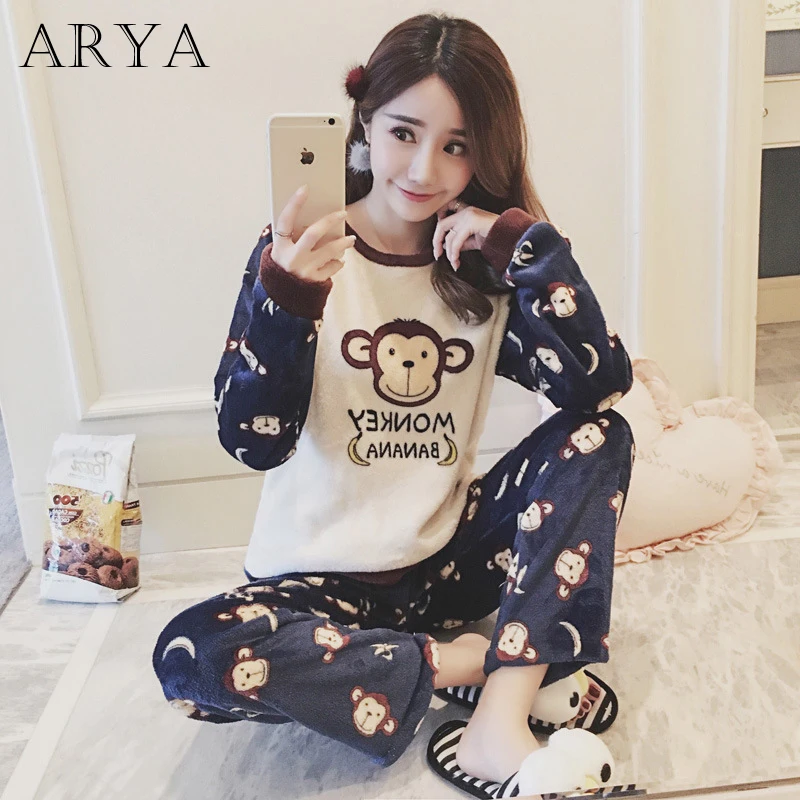 

Arya Winter Women Thick Flannel Warm Female Winter Pajama Set Long Sleeve Full Trousers Pajamas Animal Monkey Cartoon Home Suit