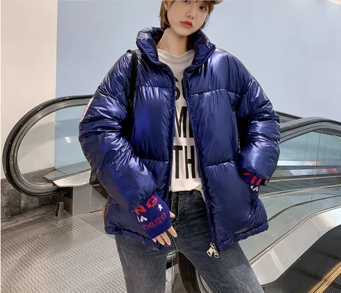 dark blue Модная одежда пуховики женские повседневные круглый воротник с капюшоном на молнии Верхняя одежда Зимние Новые Женские глянцевые теплые куртки - Цвет: dark blue