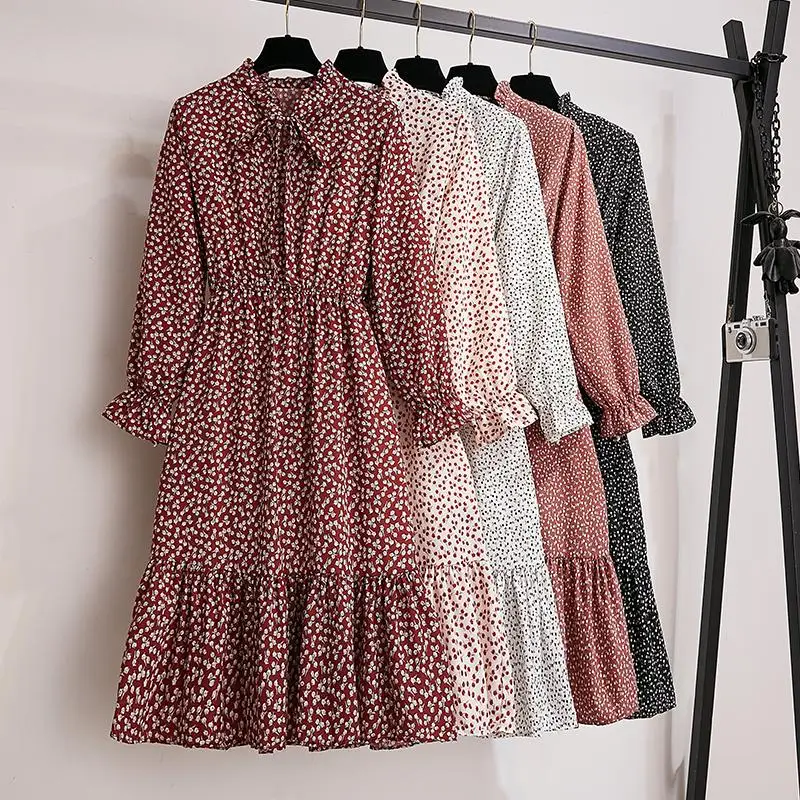 

Korean Fashion Sweet Flower Chiffon Dress Spring Autumn Women Stand Collar Floral Print Knee Length Chiffon Dresses S-XL