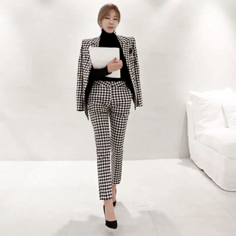 Новинка, Женский клетчатый Блейзер, пиджак и штаны, костюмы, зубчатый комплект из 2 предметов, женский тонкий офисный костюм