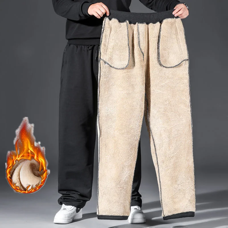 10XL Oversize Plush Casual Pants Mens Warm Cargo Pants Plus Size Men Winter Warm Plush Trousers Streetwear Thickened Loose for Wide Leg Pants,Fashion Pants,Fashionable Wide Leg Pants