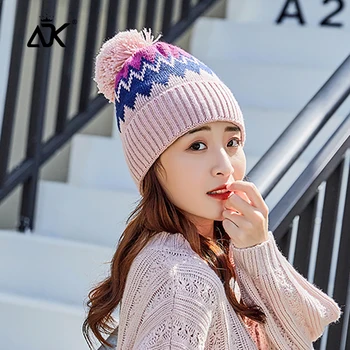 

Women's Winter Ear Protection Wool Ball Wool Cap Color-block Knitted Hat Fashion Knitted Hairball Beanie For Girls