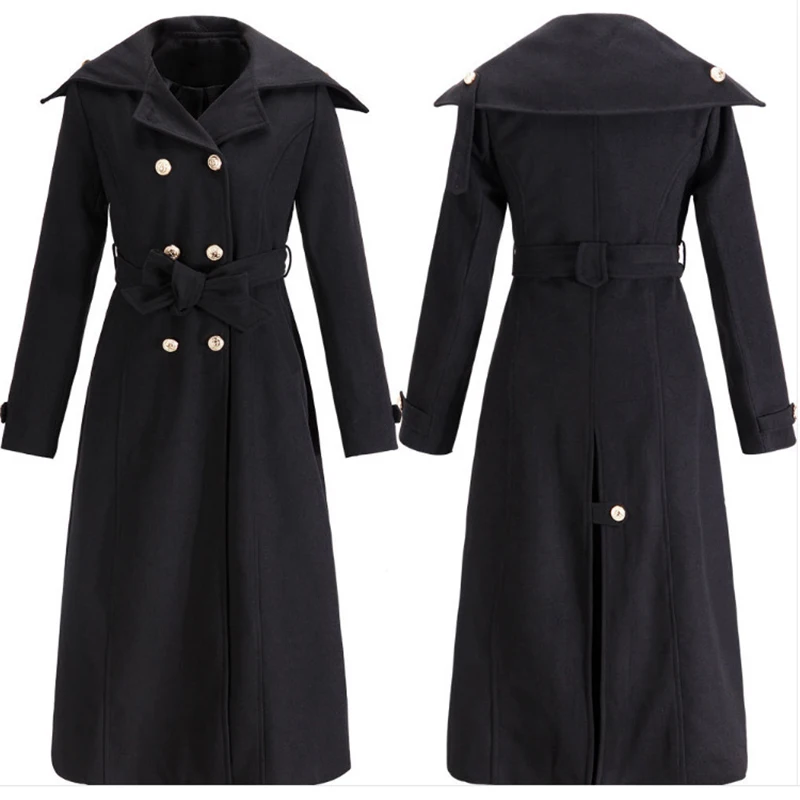 Women coat Winter Elegant Slim Lapel Overcoat fashion retro pure color long Coat Double-breasted lace up belt jacket lady fall