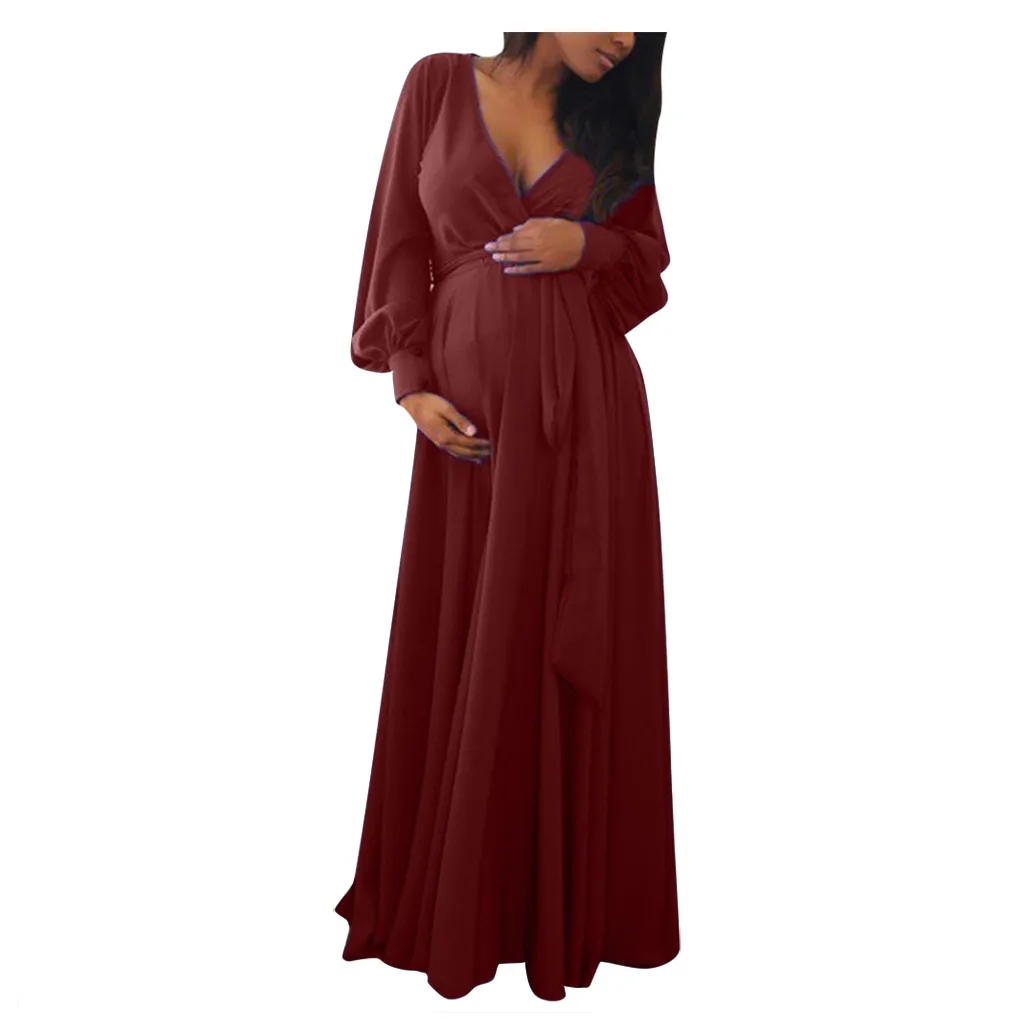 Детское свободное платье для беременных с v-образным вырезом и длинными рукавами, однотонное платье с оборками, сексуальное платье Vestido Gestante# es