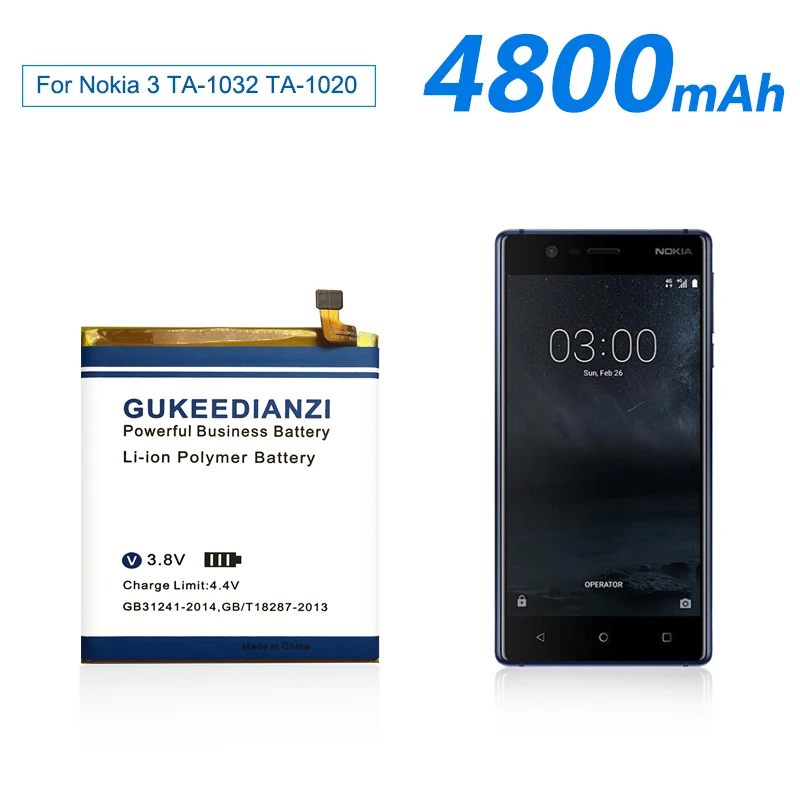 Аккумулятор gukeedianzi для Nokia 3 Nokia3 TA-1020 1028 1032 1038 литий-полимерный Дополнительный внешний аккумулятор, Батарея HE319 4800 мА-ч