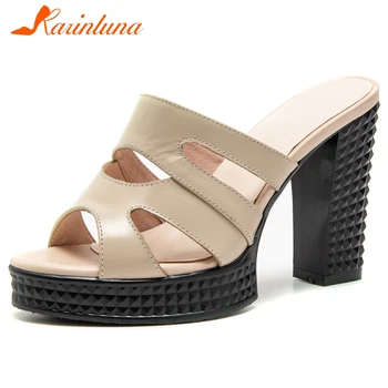 

Karinluna New Arrivals 2020 Genuine Cow Leather Concise Pumps Woman Shoes Platform Chunky High Heels Shoes Women Pumps Mules
