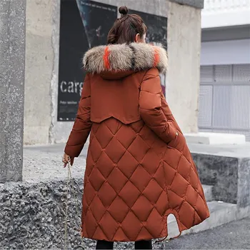

Patchwork M-3XL Striped Outerwear Parkas lady feminino 2019 fur collar thicken warm long jacket female Winter women hooded coa