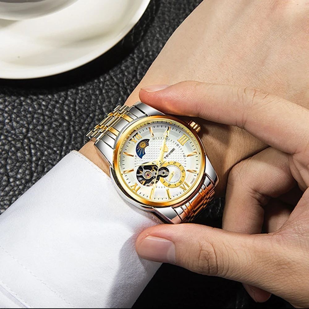 TEVISE модные мужские часы Moon Phase Роскошные деловые мужские часы ремешок из нержавеющей стали военные наручные часы