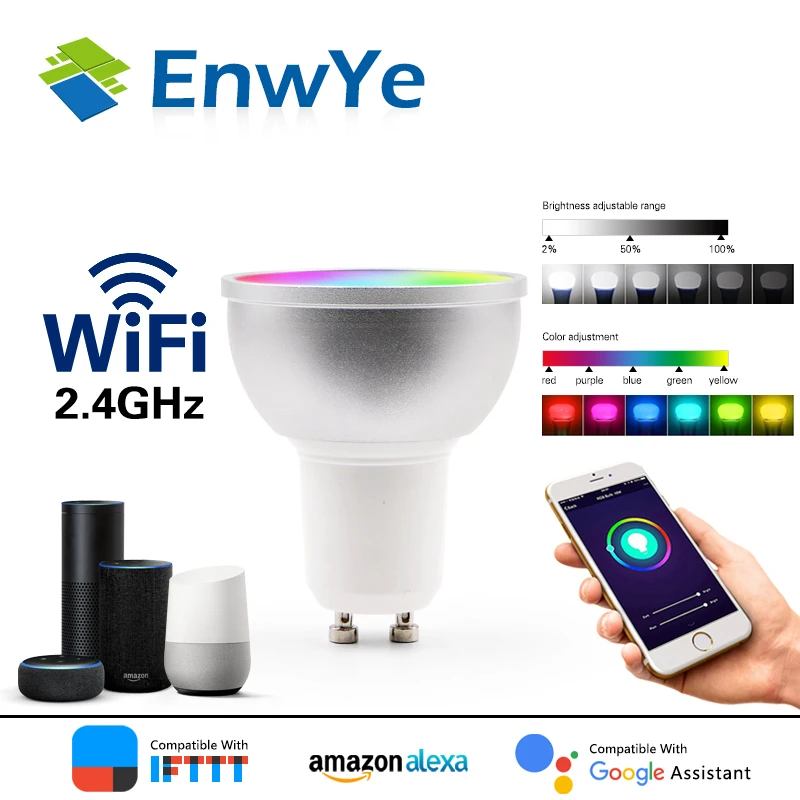 EnwYe WiFi умная лампа, светодиодный светильник, 5 Вт, RGB+ WW+ CW, поддержка Amazon ECHO/Google Home/IFTTT, дистанционное Голосовое управление, светодиодный светильник GU5.3 GU10