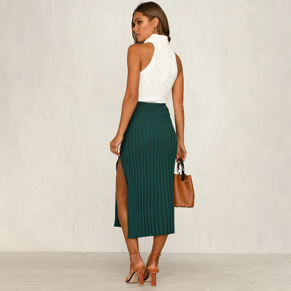 Split Long Skirt Women Winter Knit Pencil Skirts High Waist Button Sexy Skirt Khaki Striped Party Skirts Saia Midi