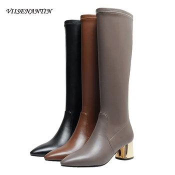 

Korean Fashion All-match Pointed Toe Elastic Thin Boots Plating Thick Heel Side Zipper Gray Knee High Boots Women Mid-calf Shoes