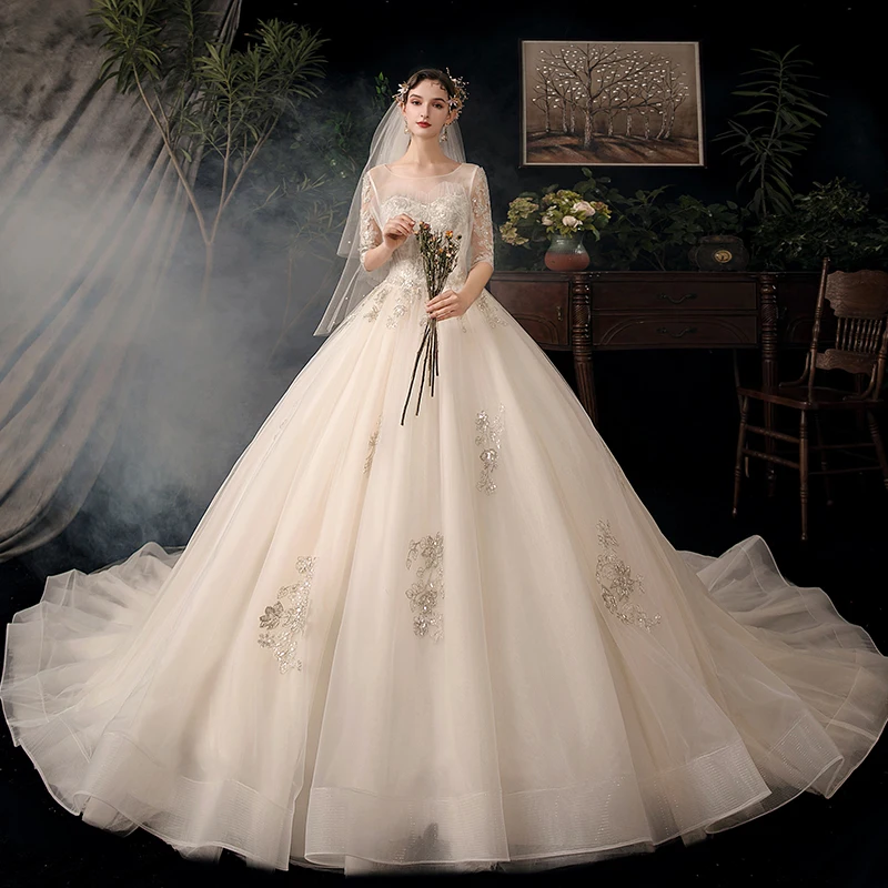 

Длинное женское свадебное платье, из тюля, с круглым вырезом и цветочным принтом, с вышивкой и полурукавами, с блестками, B041