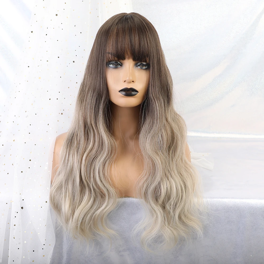 Comprar Pelucas de pelo Natural de cuerpo largo sintético de LANA pequeña con flequillo para mujeres negras Ombre pelucas onduladas rubias marrones afro americanas