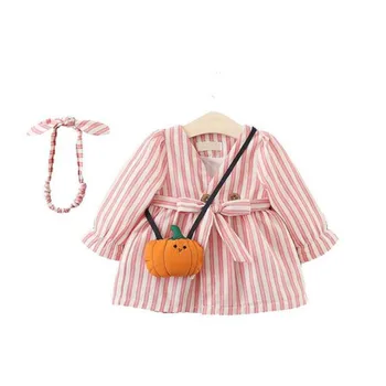 

DFXD Baby Dress 2020 Spring New Fashion Infant Clothes Girls Cotton Vertical Striped V-neck Party Dress With Headband Outfits