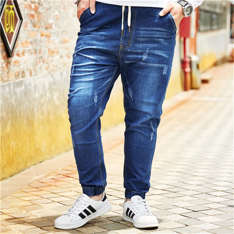 2020 Men New Peking Opera Mask Embroidered Elastic Waist Drawstring Jeans Fashion Male Denim Trousers Plus Size 5XL 6XL 7XL 8XL | Мужская