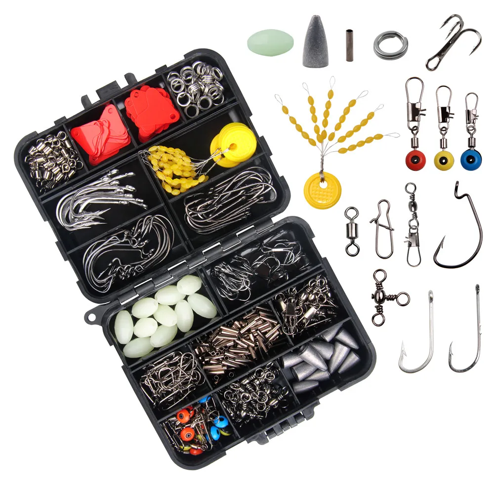 328pcs fishing tackle box with treble Hooks jig hook swivels snaps texas  rigs sinkers float stoppers for lure fishing equiement