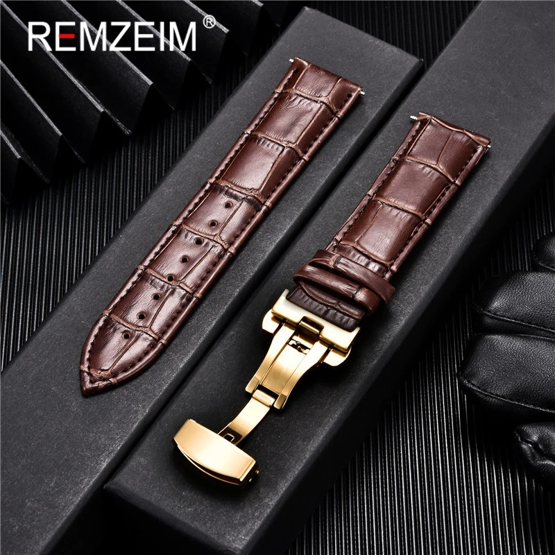Embossed Genuine Leather Strap with Automatic Butterfly Buckle - Business Watchband