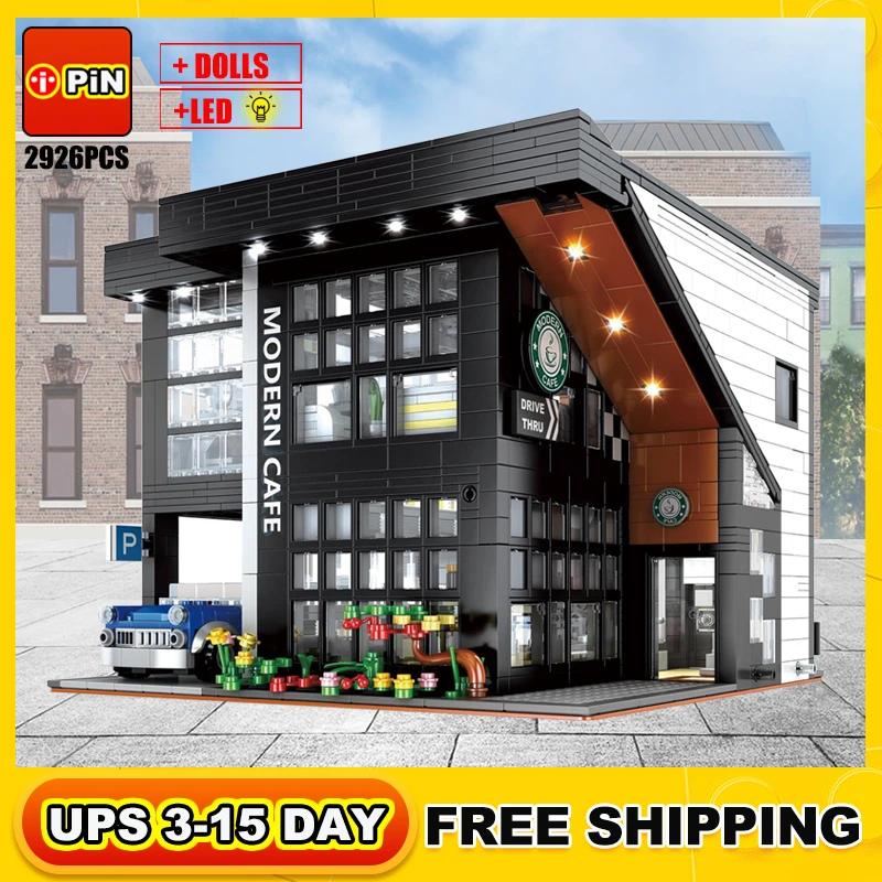 cardboard stacking blocks Modern Coffee Shop Model City Architecture Street View Building Blocks Cafe Construction Set Moc Bricks DIY Assembled Toys Gifts wooden building blocks