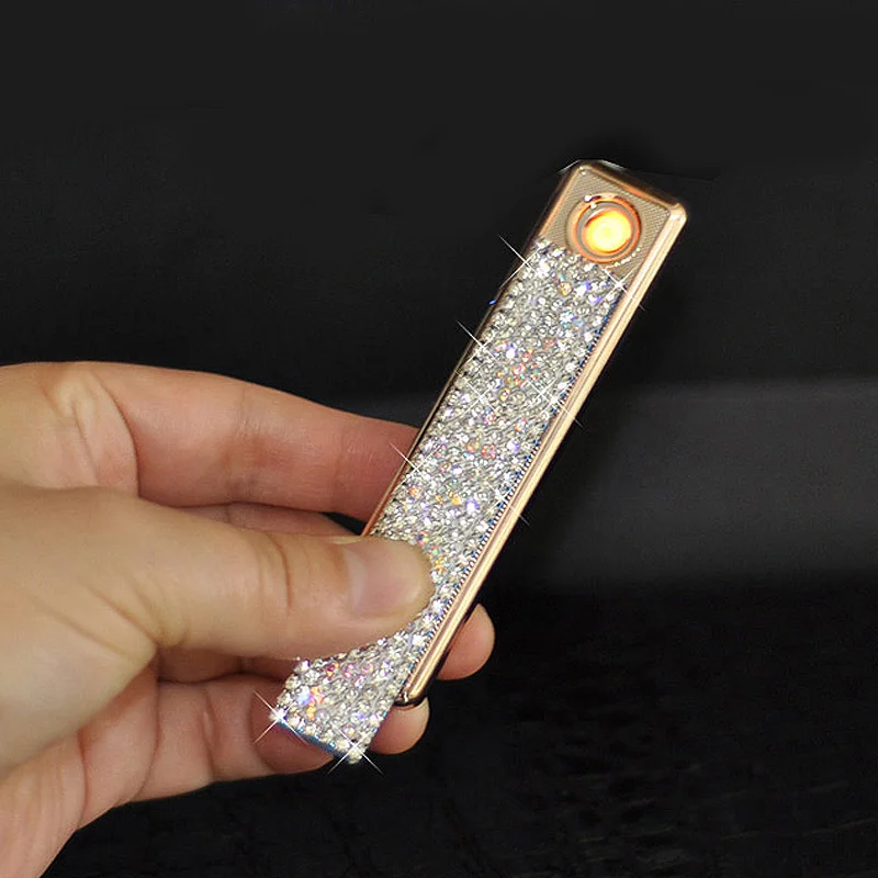 Bling Crystal USB Charging Double-sided Diamond Lighter Windproof Flameless Electronic Cigar Cigarette No gas Electric Lighters