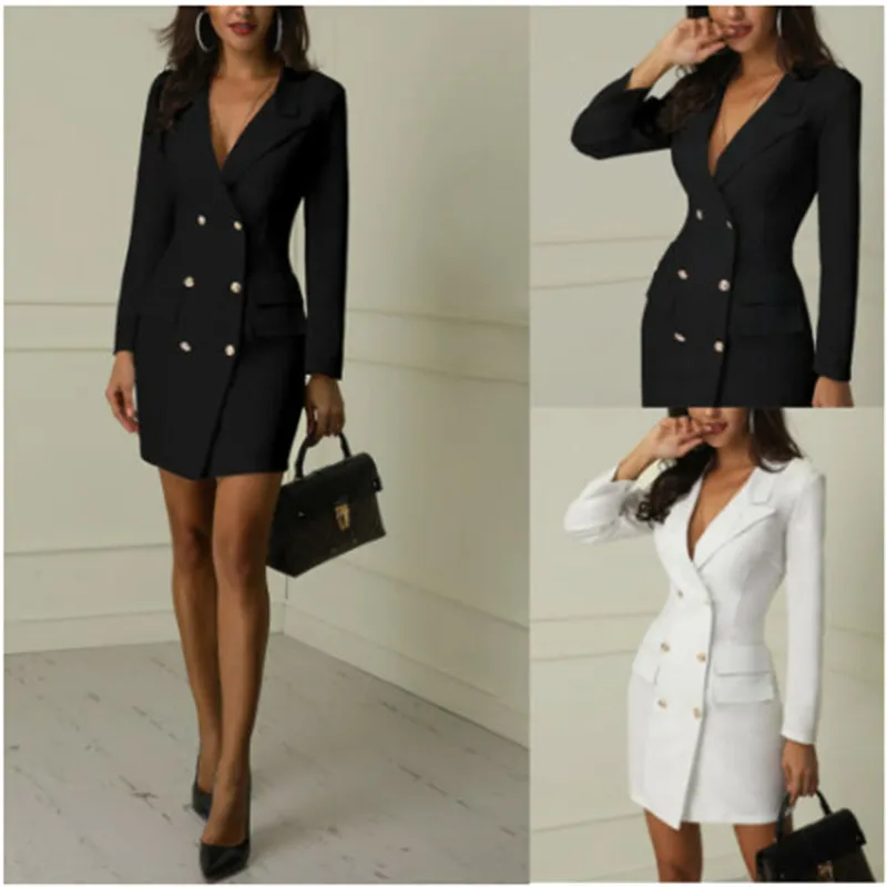 

Women Warm Slim Coat Double Breasted Gold Button Front Black Modern Career Office Lady Wool Trench Coat Jacket Outerwear
