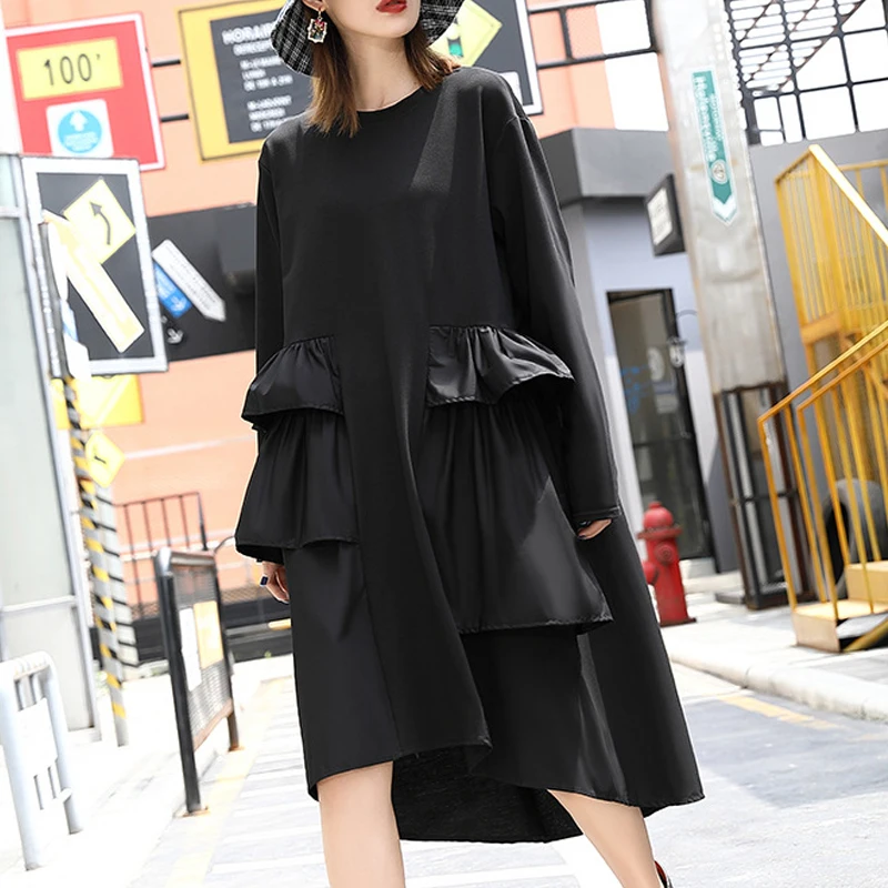 Johnature Fashion Splice Ruffles Black Dress Autumn 2019 New Streetwear Irregular O-neck Long Sleeve Simple Loose Women Dresses | Женская