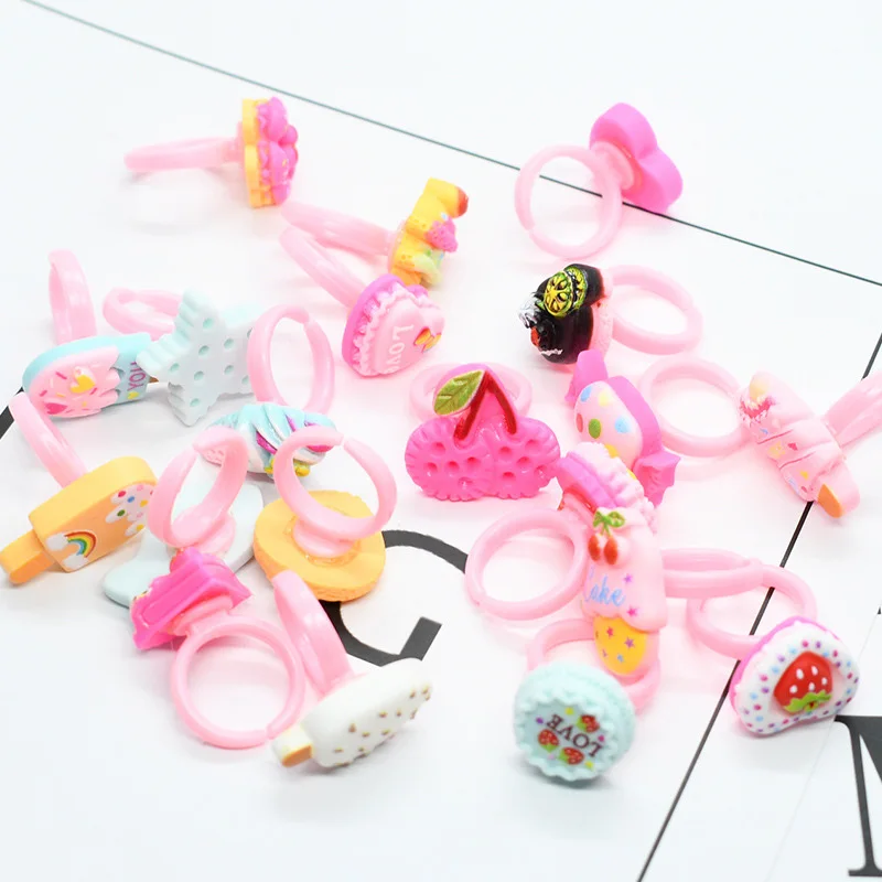 Cute Kids Rings Candy Color Korea kawaii Cartoon Cake Dessert Rings 20pcs/lot Children Girls Jewelry Gifts For Child ring set finger ring adjustable rings