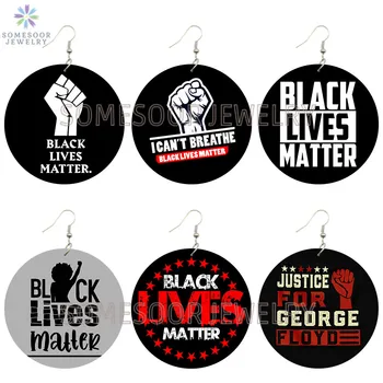 

SOMESOOR #Black Lives Matter Wooden Drop Earrings Justice Powerful Fist Deisgn Both Sides Printed Loops Dangle For Women Gifts